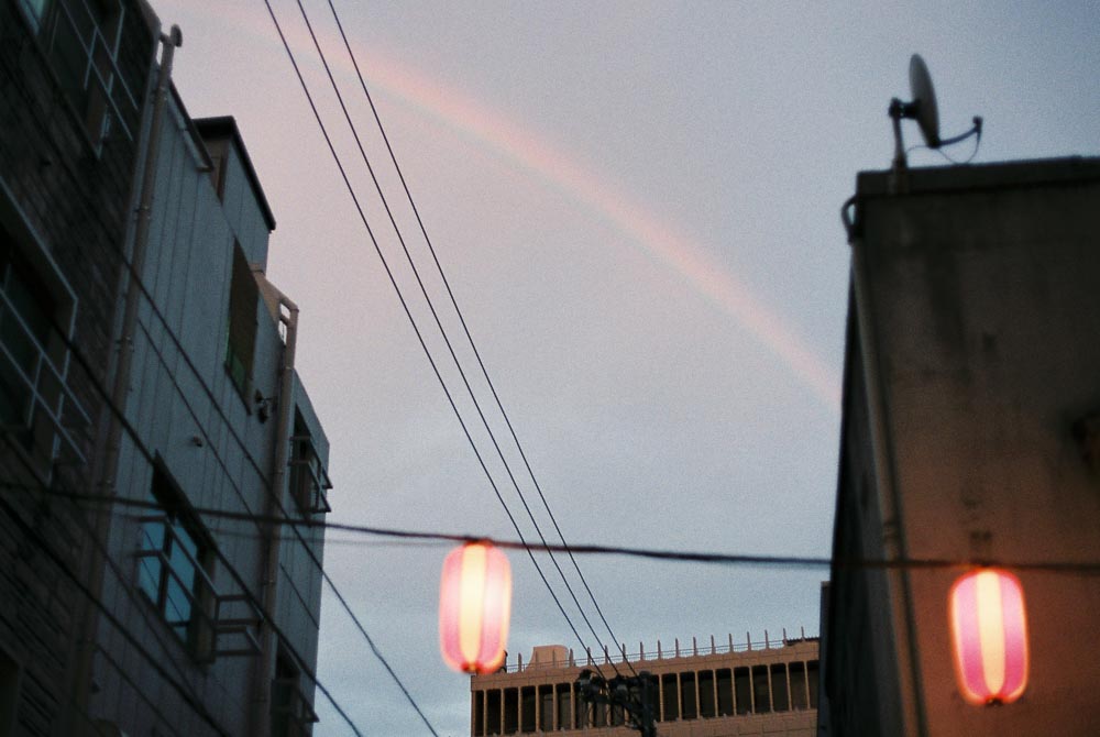 ビルの隙間から虹の写真